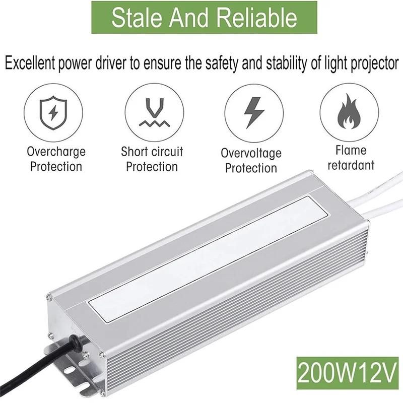 ABMO LED Driver 200W Waterproof IP67 Power Supply Transformer Adapter 90V-140V AC To 12V DC Low Voltage Output,US Plug