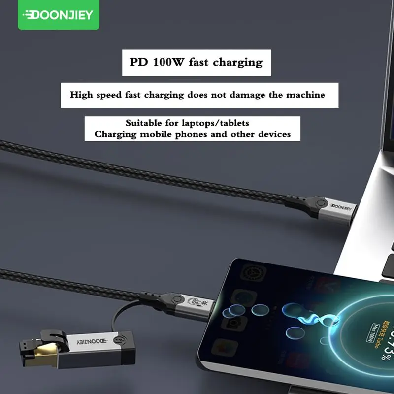 2m 4K 100W 20Gbps USB 3.2 Type-C Male to Male Full Function Data Cable+C Female to RJ45 Network Card Adapter Gigabit 2-in-1