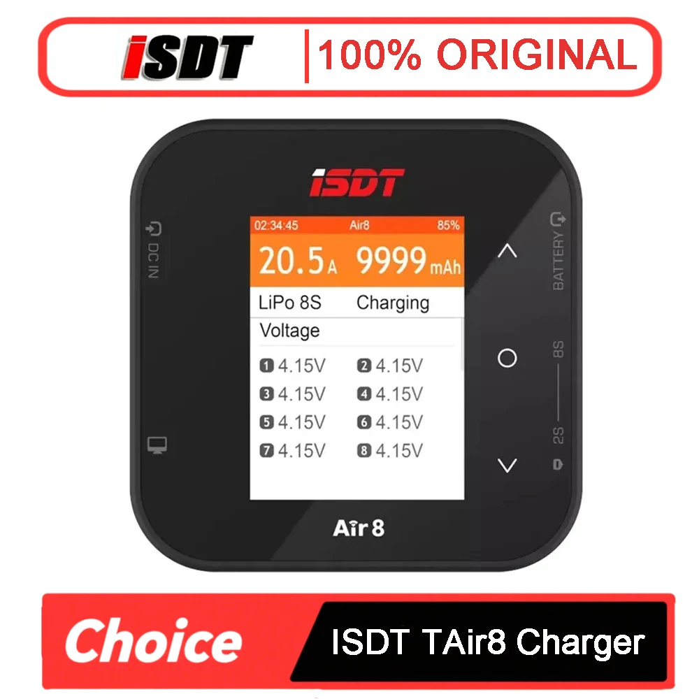 

ISDT Air8 BattAir 500 Вт 20 А, балансное зарядное устройство высокой мощности, разрядное устройство, подключение через приложение для LiFe Lion LiPo ULiHV NiMH Pb аккумулятор