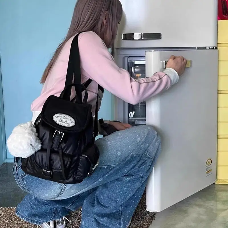 Casual Embroidered Dstring Bapa Multi-ket Student oulder Bag Youth Commuter Sle Zipper Closure ex