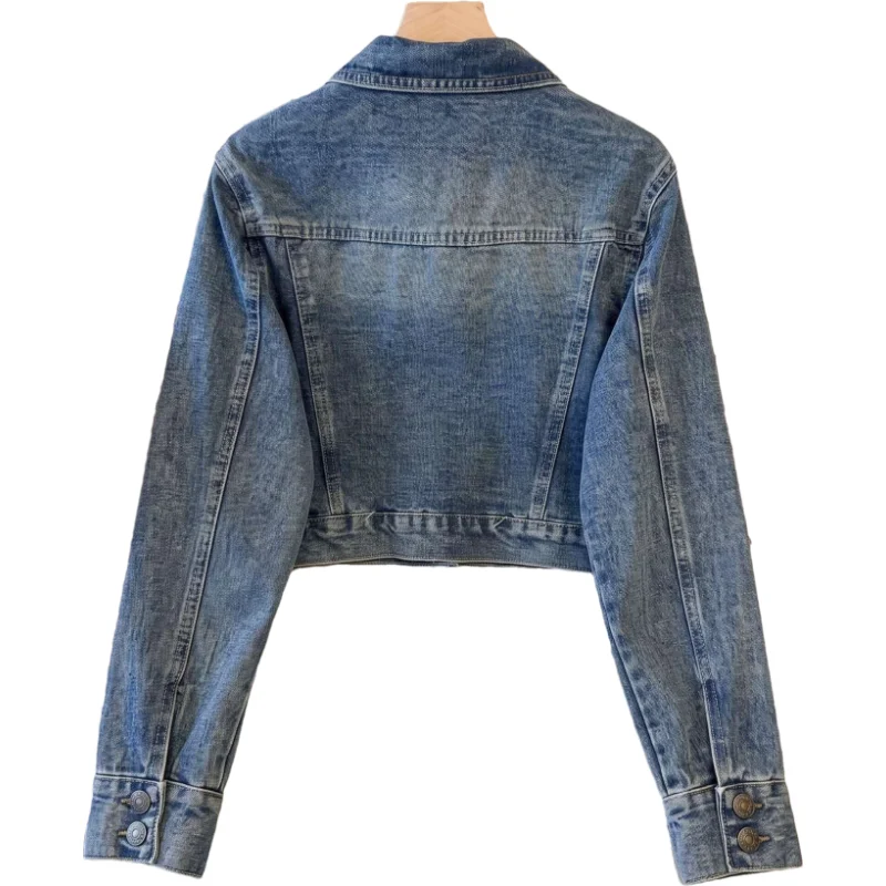 Autumn Women Fashion Beaded Vintage Washed Blue Short Denim Jacket Casual Lapel Long Sleeve Female Cowboy Outerwear Streetwear