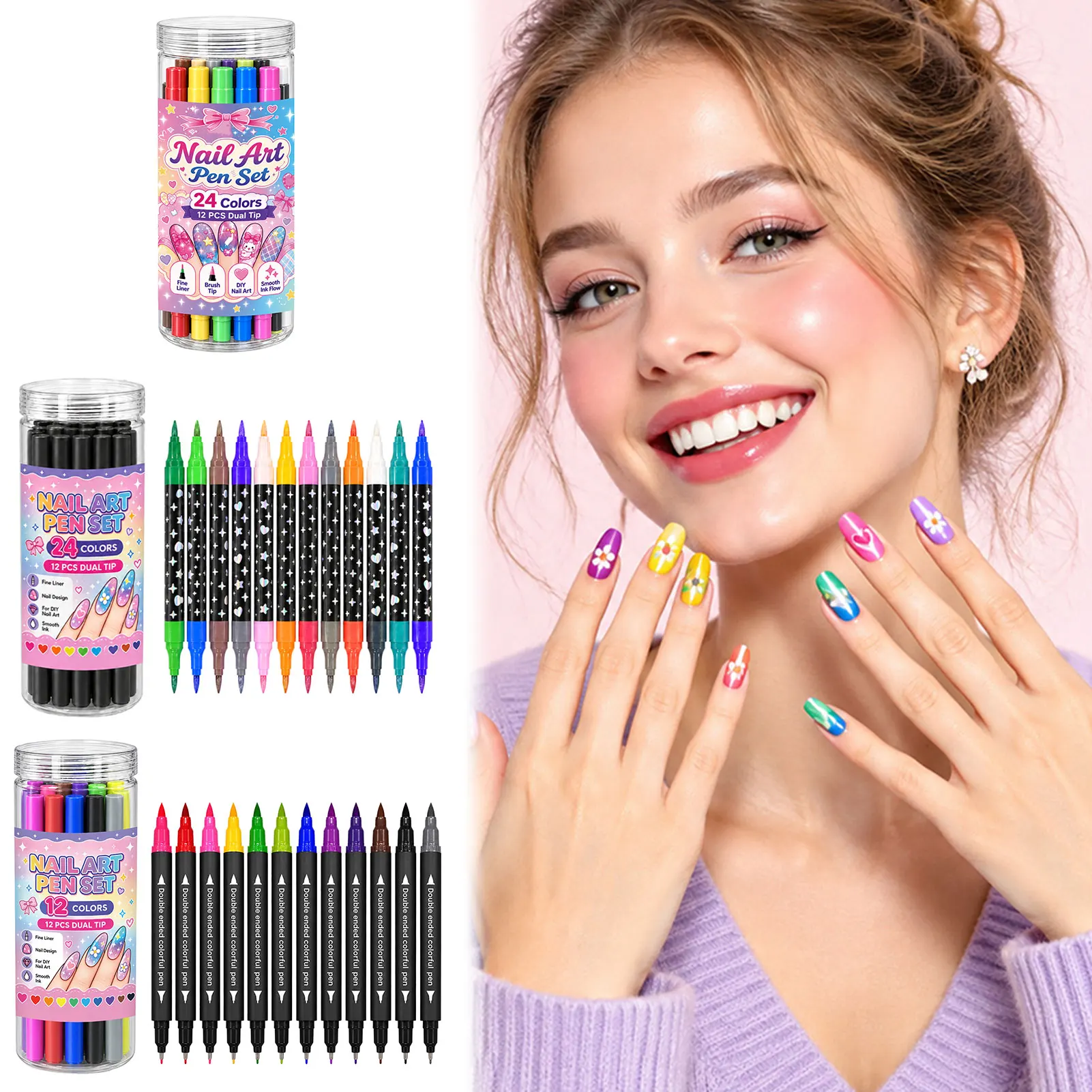 24 Colors Dual Ended Nail Art Pens Set Fine Brush Tips DIY Manicure Nail Markers Nail Painting Brushes for UV Gel Nail Polish
