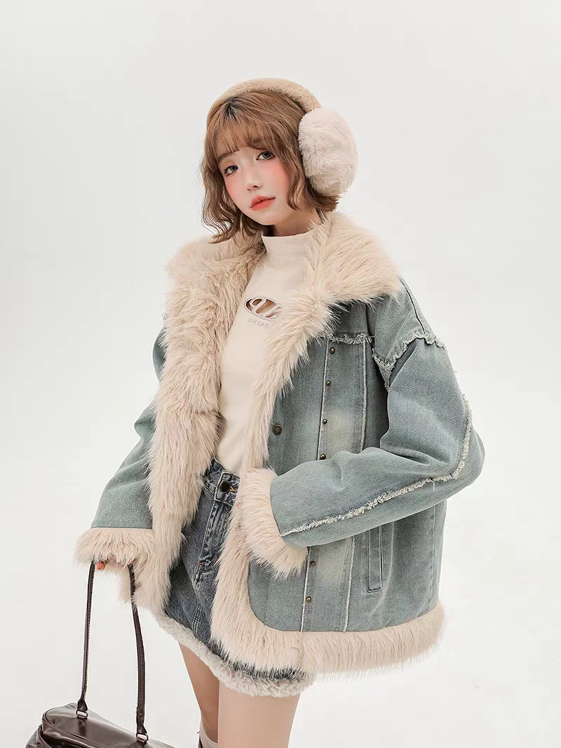 

Джинсовые пальто женские большие меховые плюшевые женские осенние облегающие пальто в стиле бохо для колледжа на подкладке против морщин с капюшоном в стиле пэчворк реглан