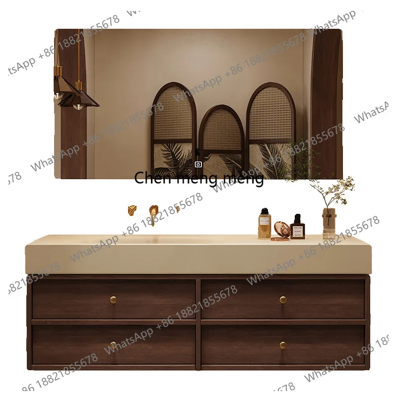 

Medieval style rock slab hot bending basin solid wood bathroom cabinet combination, washing table wash basin smart bathroom