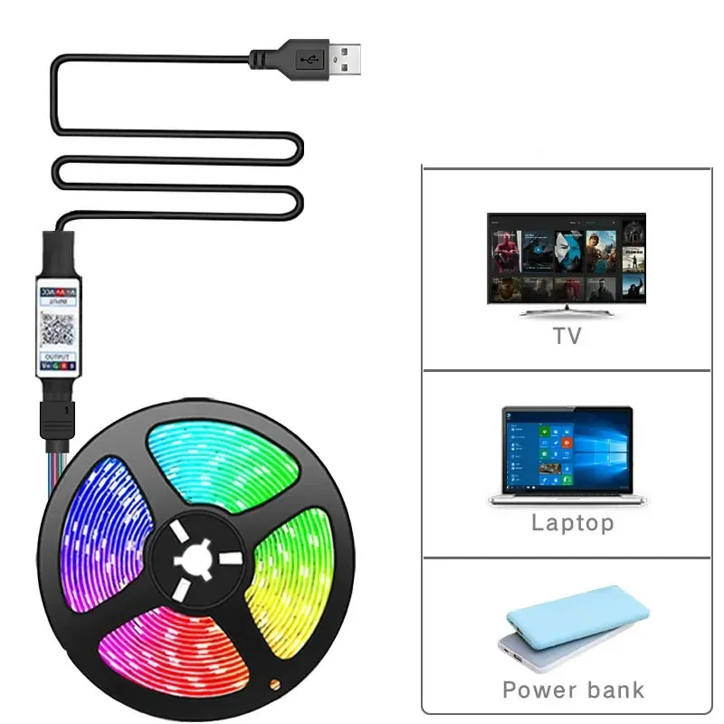 RGB 5050 LED 스트립 라이트 블루투스 앱 제어, 5V USB LED 테이프, 유연한 리본 다이오드 테이프, TV 백라이트 방 장식