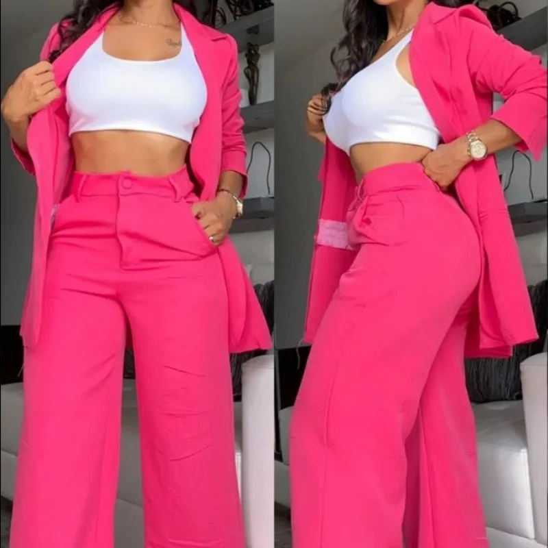 2Pieces Women's Elegant Solid Color Lapel Suit + Straight Pant Set Open-Sleeved Sleeve Single-breasted Business Streetwear Suit