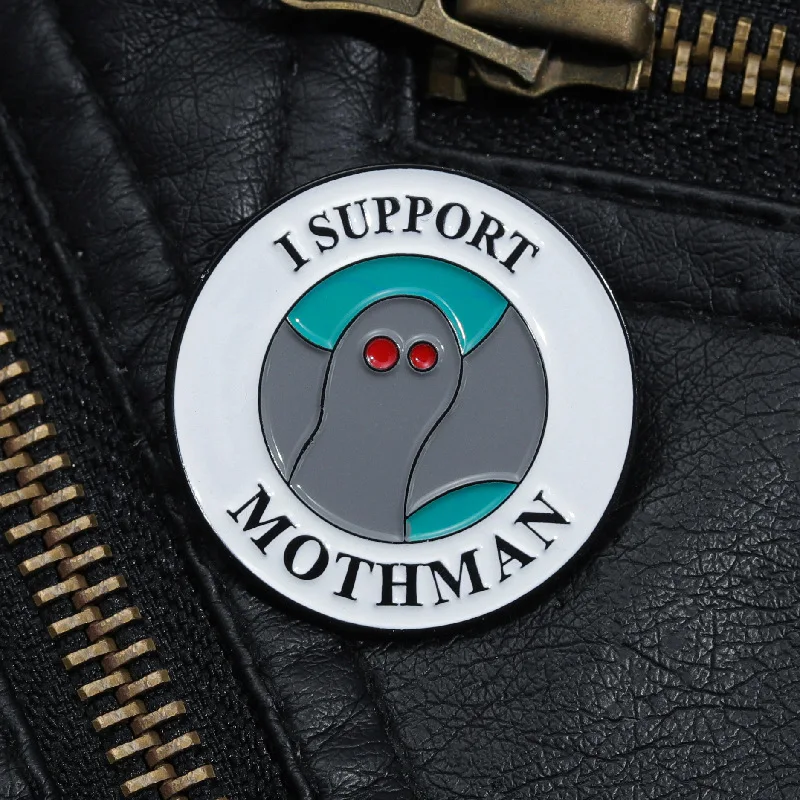 Cartoon Ghost Red Eye Enamel Pins Geometric Round Brooches I Support Mothman Punk Gothic Lapel Badges Clothes Bags Jewelry Gifts