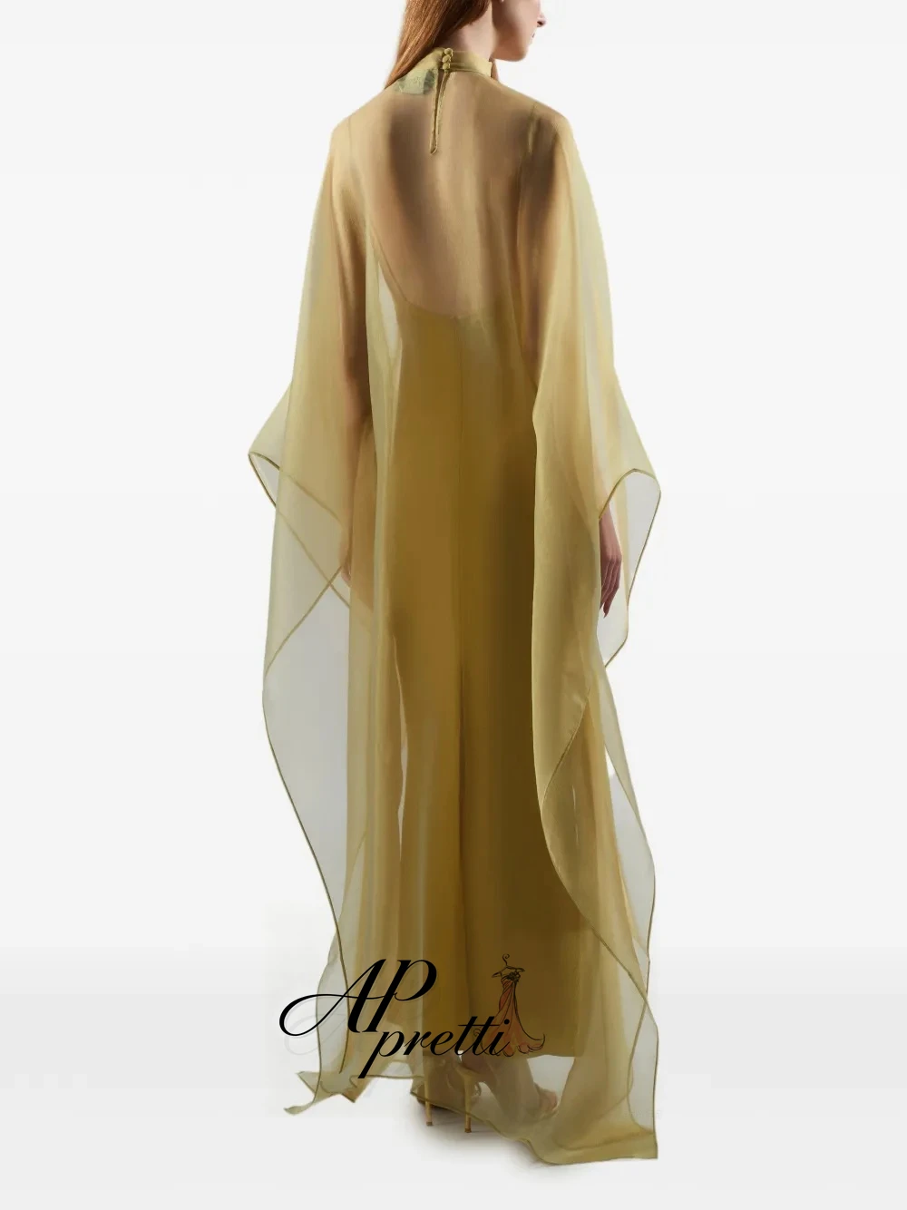 AP pretti High Neck Flowy Cape Evening Dress Customized Sheer Illusion Chiffon Spaghetti Strap Inner Party Gown Vestido De Noche