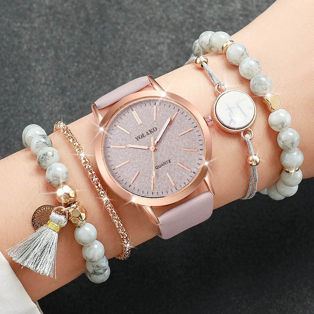 5PCS/Set Women Watches White Turquoise Bracelets Set Fashion Starry Sky Leather Band Female Quartz Watch（Without Box）