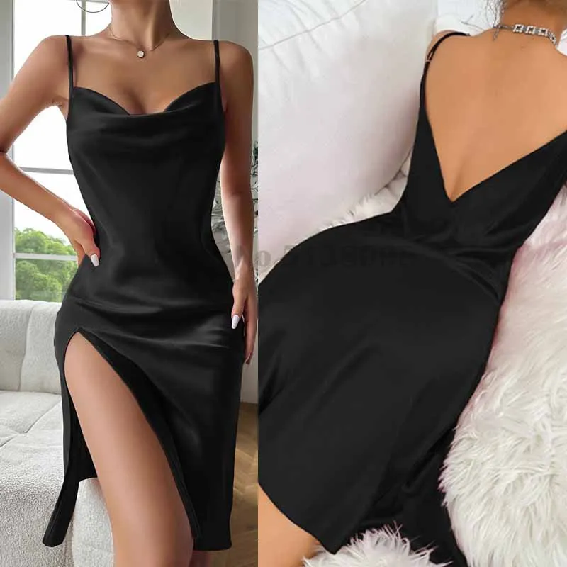 Female Lingerie Nightgowns Sexy Suspender Chemise Nightdress 2024 Summer New Split Sleepwear Satin Home Clothes Sleep Shirts