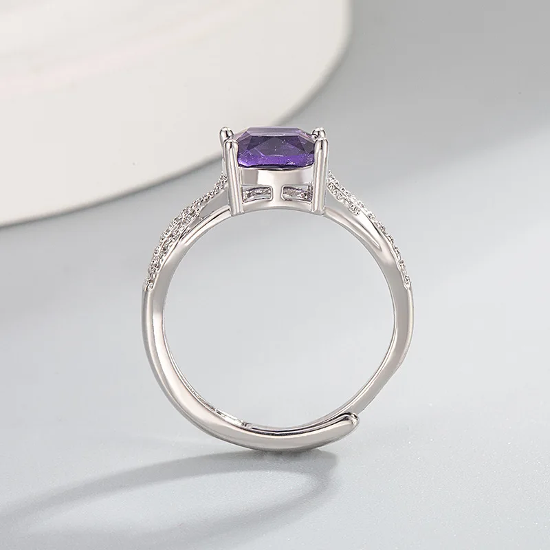 2026 Elegant Square Deep Imitation Amethyst Ring Platinum Plated Simple Resizable Open Color Gemstone Finger Ring For Women Gift