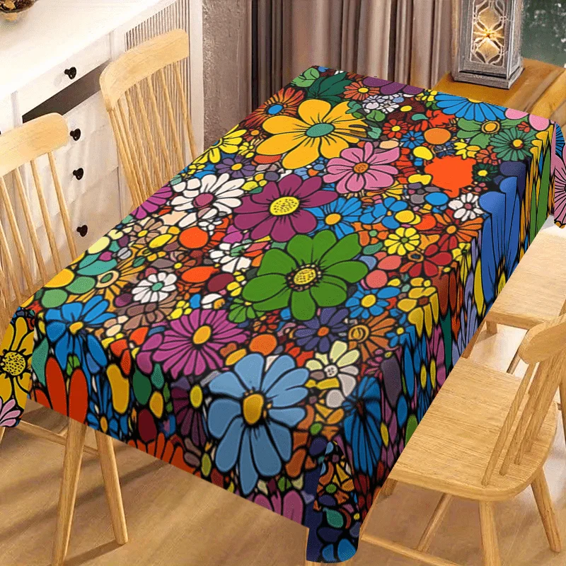 1pc Vibrant Colorful Floral Polyester Tablecloth - Durable Easy-Clean Rectangular Table Cover for Dining, Picnics, Camping, Birthday Parties & Sophisticated Table Settings, Picnic Table Cover, Bold Pattern Decor, Smooth Texture, Machinemade Quality