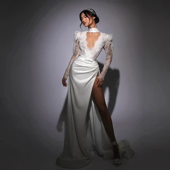 Moda dantel saten gelinlik seksi v yaka Illusion Mermaid balo parti elbise yüksek yarık tafta gelinlikler Custom Made