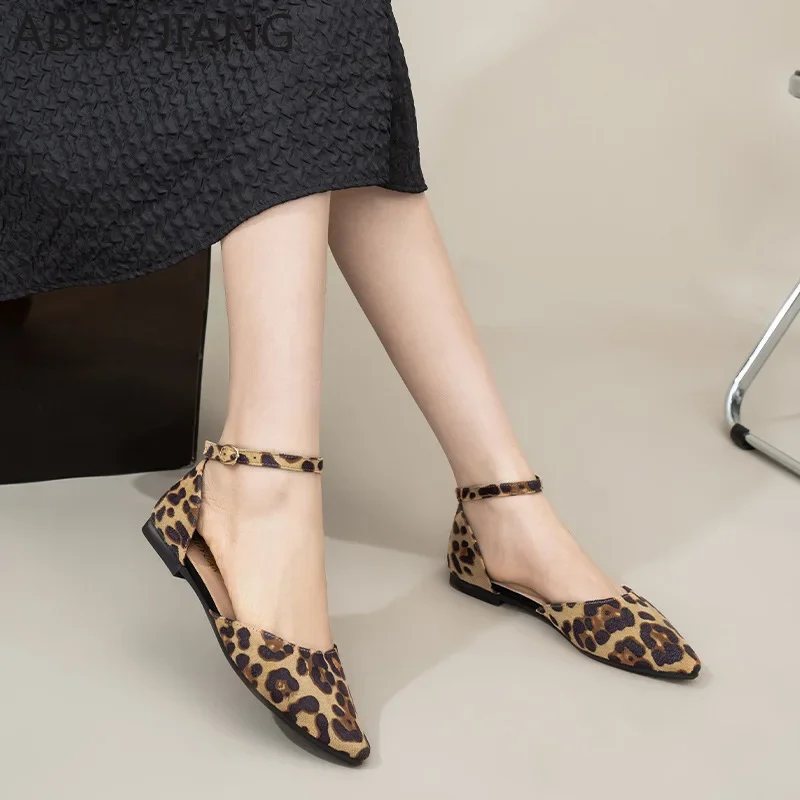 2024 New Sexy Leopard Single Shoes Women Pointed Shallow Mouth Buckle Hollow Shoes 41-43 Large Size