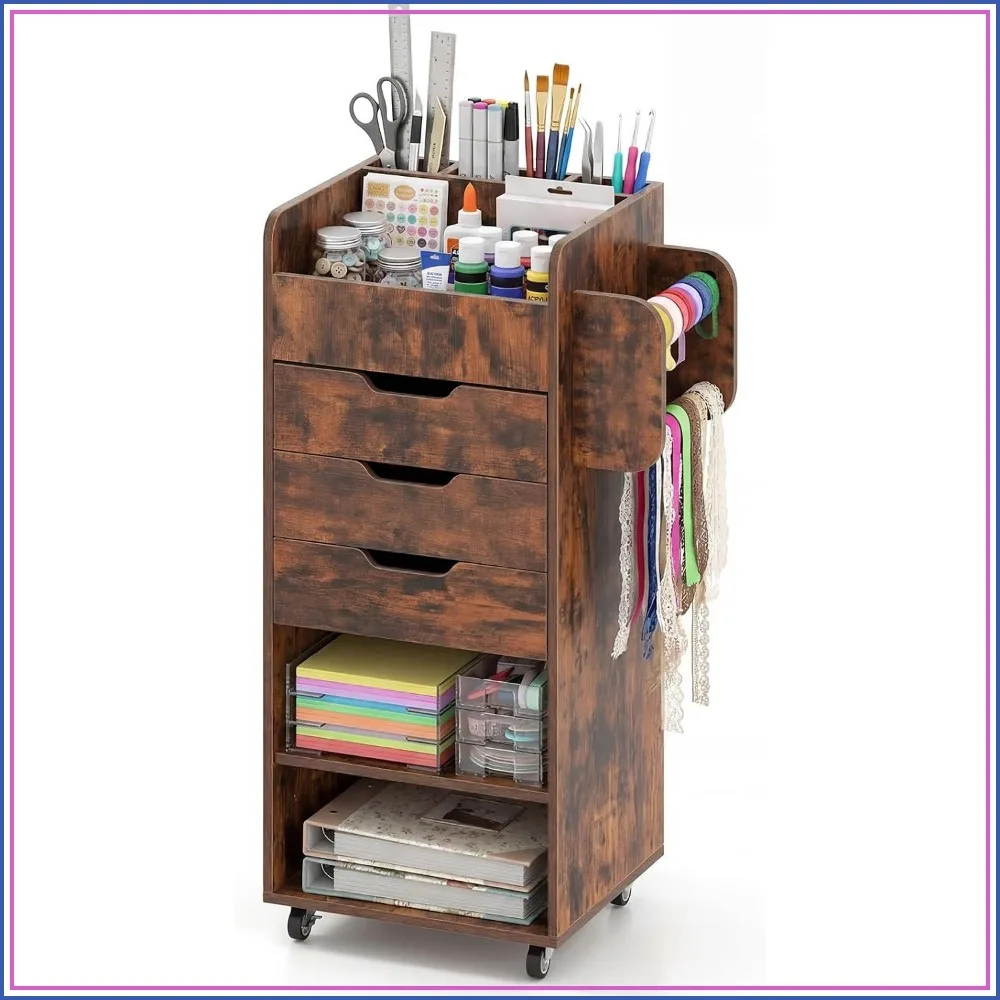 Craft Storage Cart with 3 Drawers 3 Shelves Rolling Organizer for Wrapping Paper Scrapbook Ribbon