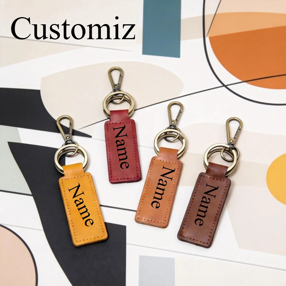 

Creative Laser Engraving Women Man Leather Keychain Birthday Gift Handmade Waist Hanging Couple Car Key Ring Retro Cowhide