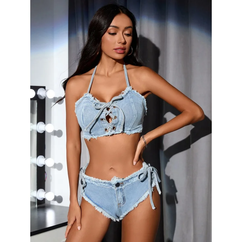 Sexy Denim Shorts Wrapped Chest bra Suit Women Nightclub  Pole Dance Hot Girl Super Short Shorts