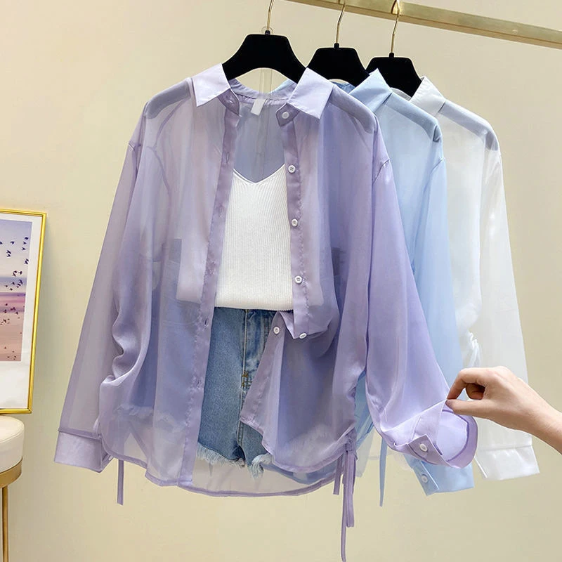 Drawstring Long Sleeve White Sunscreen Shirt Women New Summer Thin Casual Chiffon Blouse Women Tops Fashion Plus Size Shirts X30