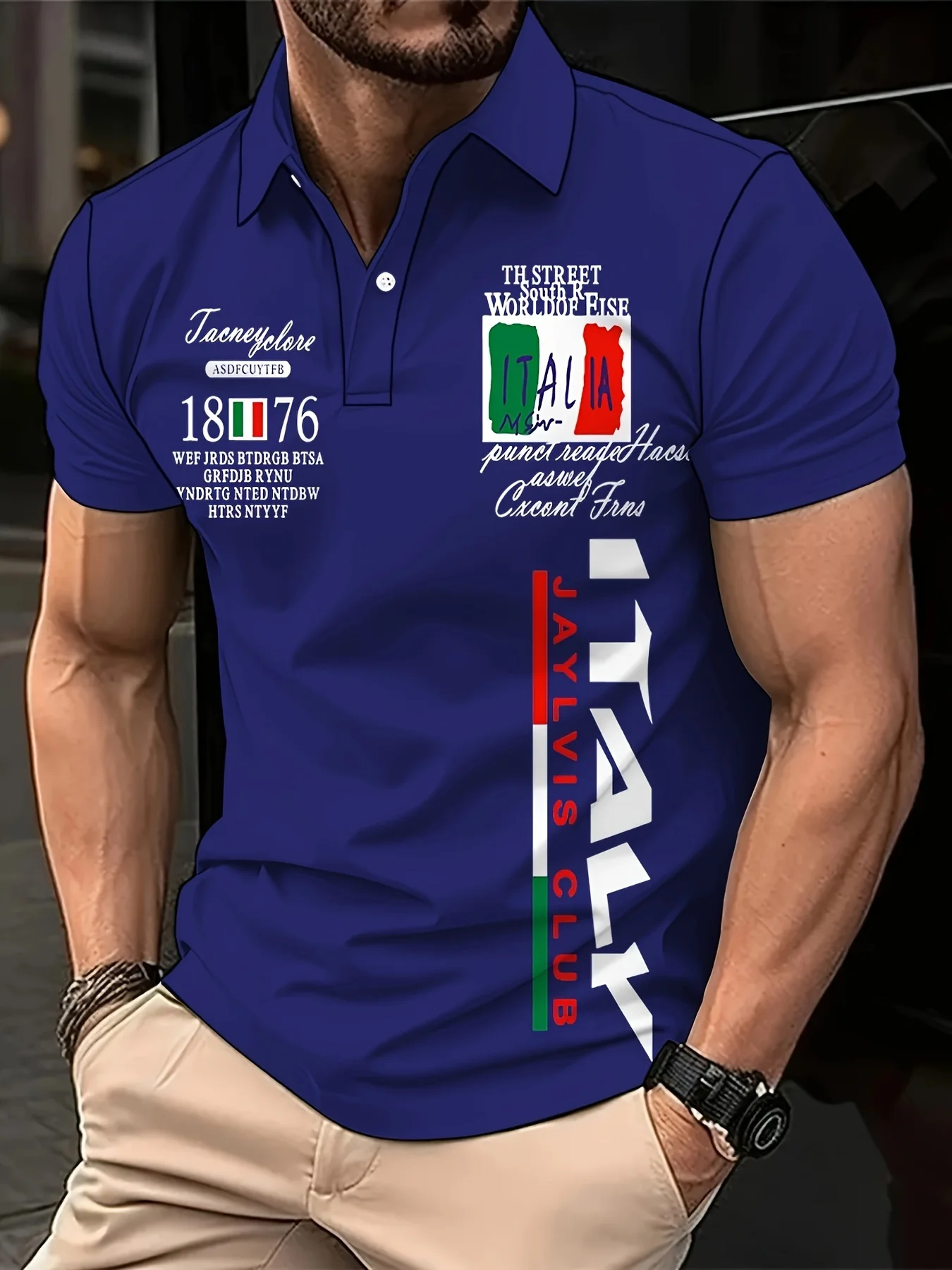 European and American men's summer retro 1876 letter print micro elastic breathable polo short sleeved T-shirt outdoor sports to