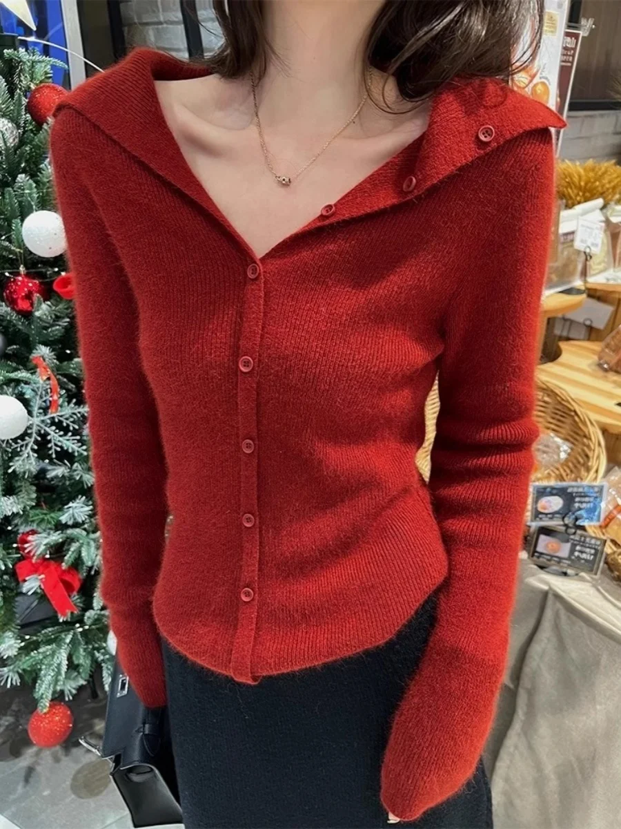 

Elegant Wine Red Knitted Bear Fur Sweater Women's Slim Fit Collared Knitwear Autumn Winter New Style 25 Commute Style Pure Color