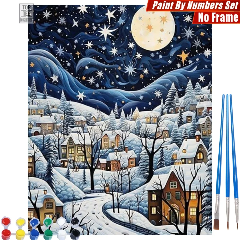 

Starry Winter Village Digital Oil Painting Kit - Snow Moon Serene Home Bedroom Decor Thanksgiving Gift For Grandma