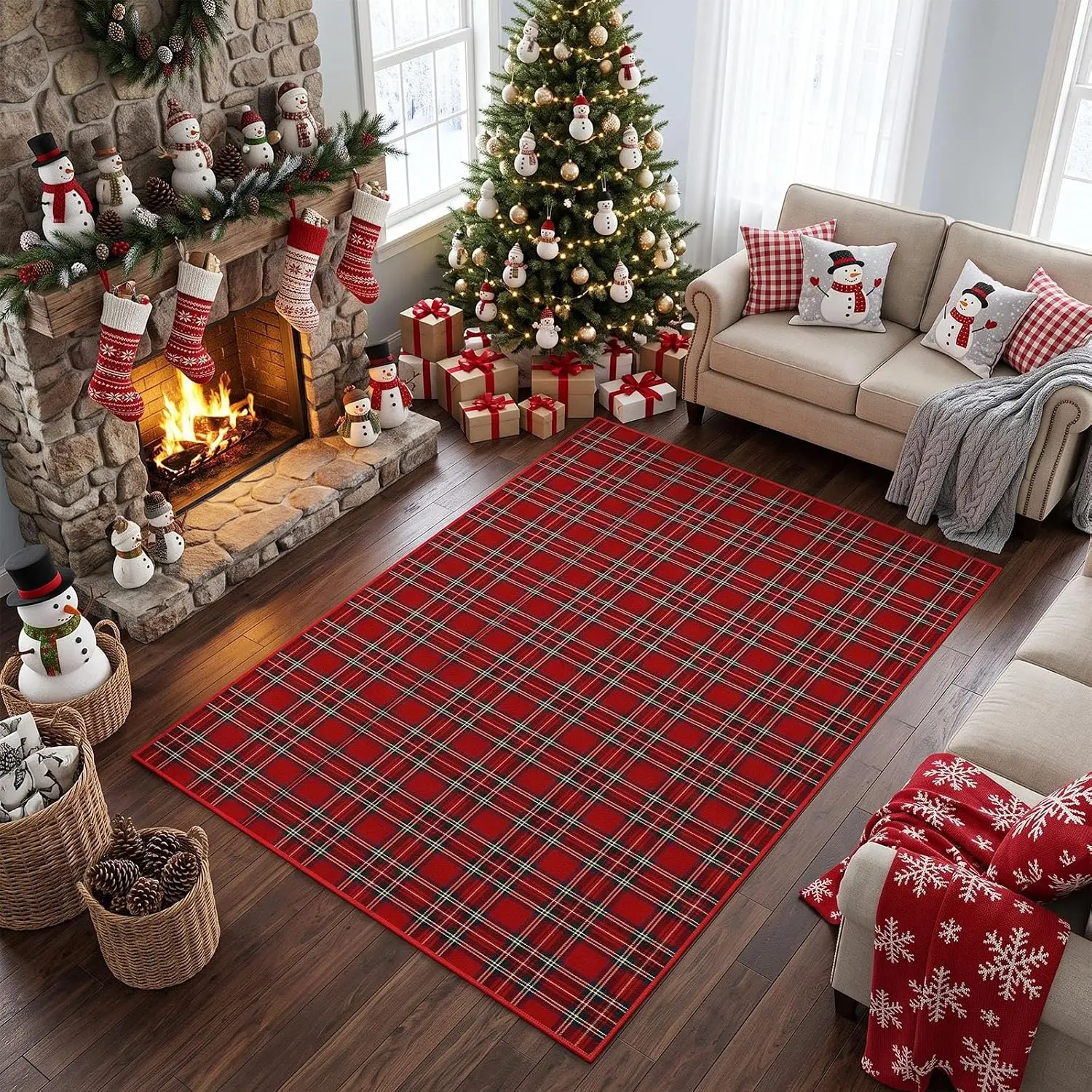 Large 8x10 Christmas Area Rug Red Buffalo Tartan Plaid Carpet Washable Non Slip Throw Rug for Living Room Entryway Home Decor