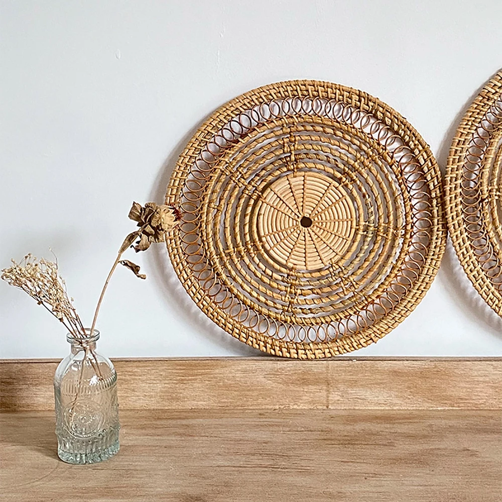 Rattan Wall Hanging Woven Plate Wall Decoration Boho Straw Rattan Round Basket Decoration Rustic Farmhouse Hanging Kitchen Decor