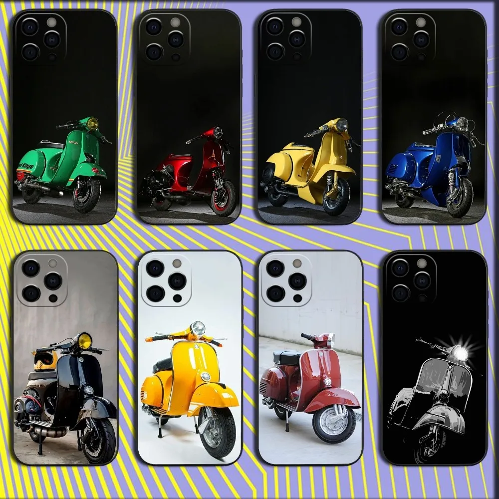V-Vespa Scooter Moto Phone Case para iPhone 16,15,14,13,12,11,Pro,X,XS,Max,XR,Plus,Mini Soft Black Cover