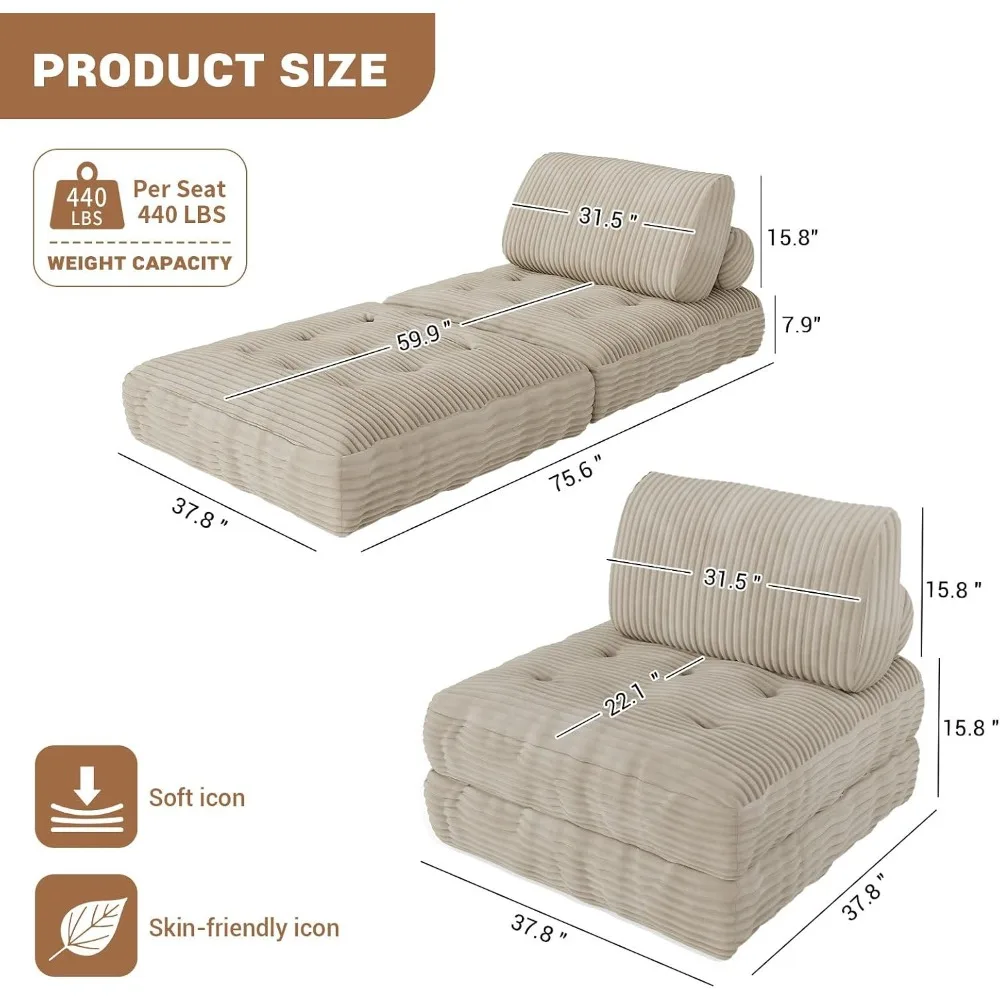 Folding Sofa Bed,Convertible Sleeper Chair,Gray Single Lounge Chair