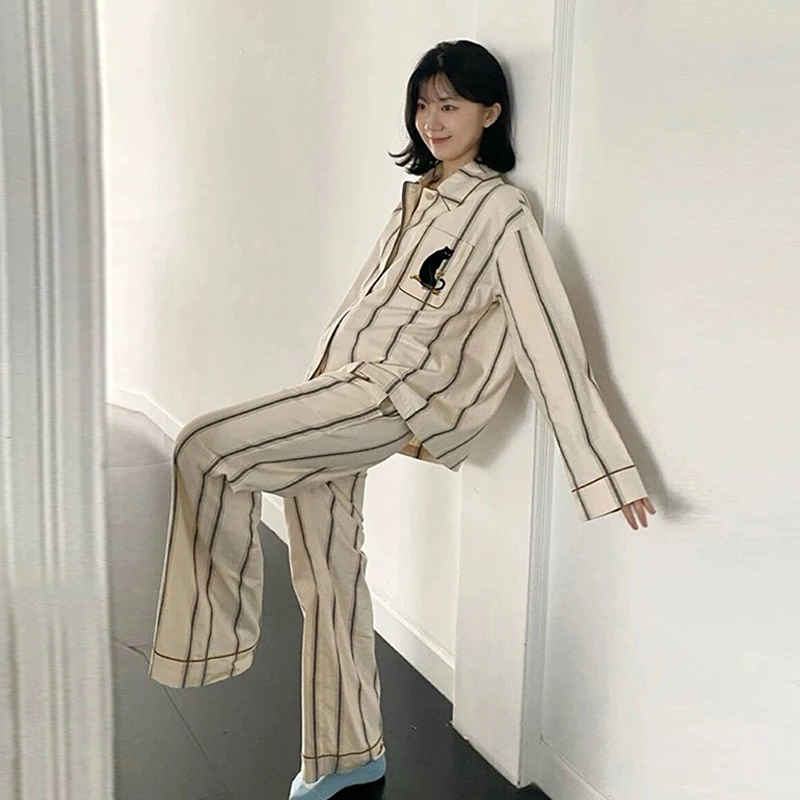 New Spring and Autumn Simple Striped Pajamas Set Women Cazy Long Sleeves Pants Home Clothes Suit