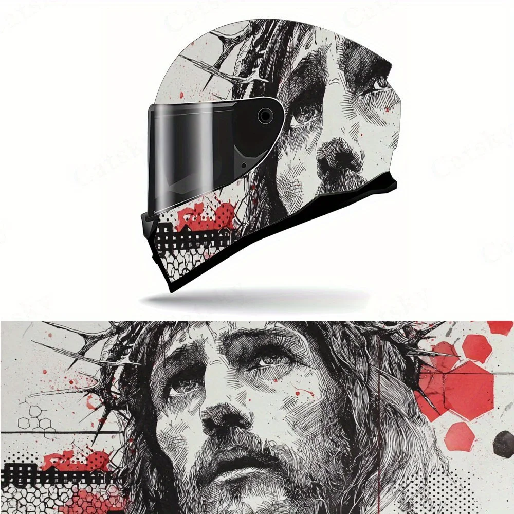 

Graffiti - Style Religious Helmet Vinyl Wraps, Waterproof Scratch-Resistant Full Face Helmet Decals, Durable PVC Artistic Design