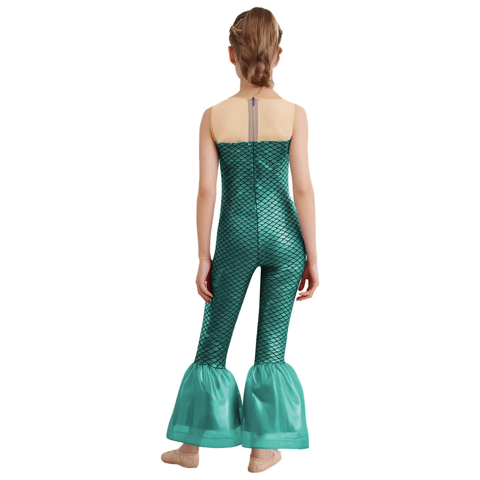 Girls Halloween Mermaid Cosplay Costume Sleeveless Metallic Fish Scales Print Flared Bodysuit Mermaid Jumpsuit Party Dress Up