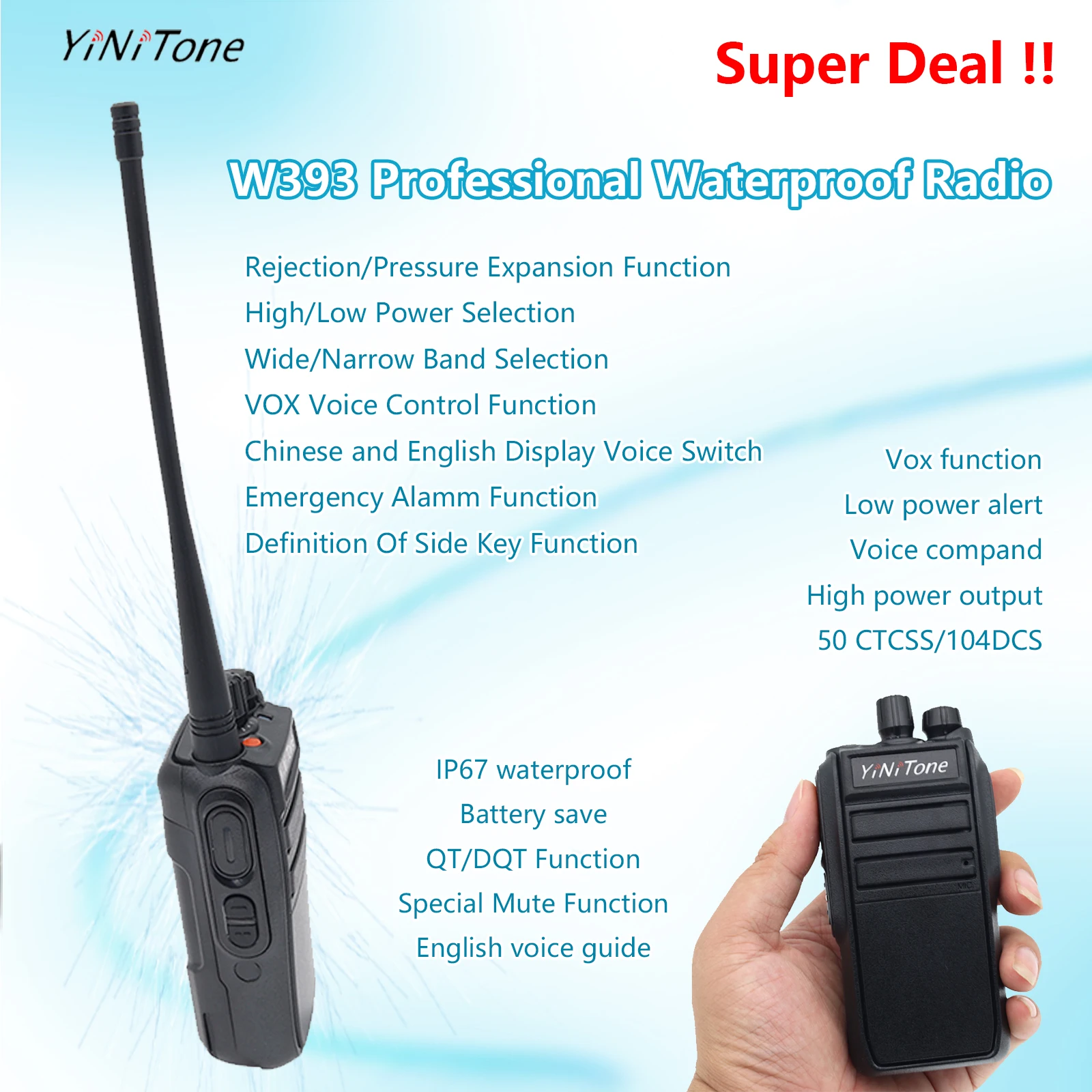 YiNiTone Professional Waterproof GMRS Radio W393 Long Range Rechargeable IP68 wireless frequency matching Adults Walkie Talkie