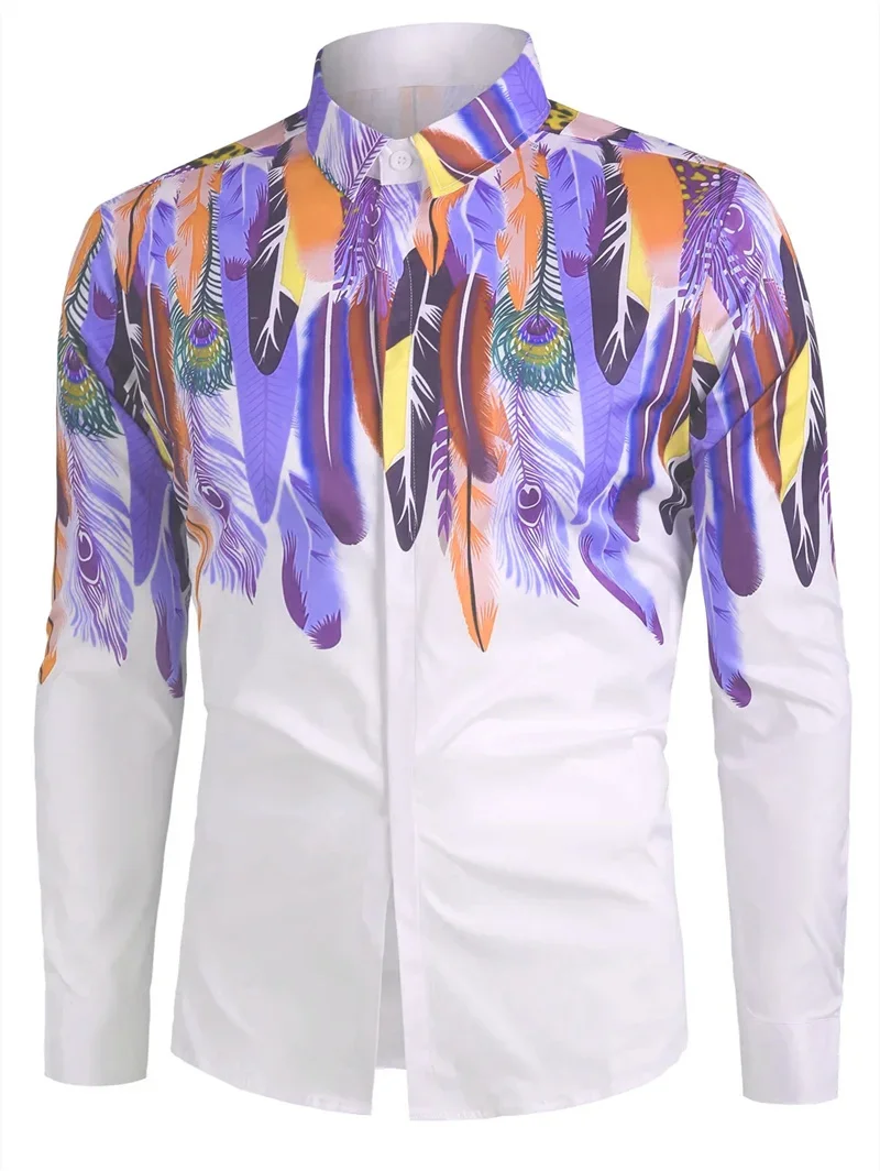 الرجال جديد الخريف التدرج الطبيعي الأبيض ثلاثية الأبعاد قميص مطبوع بأكمام طويلة التلبيب بسيط الأعمال عادية حفلة في الهواء الطلق قميص علوي