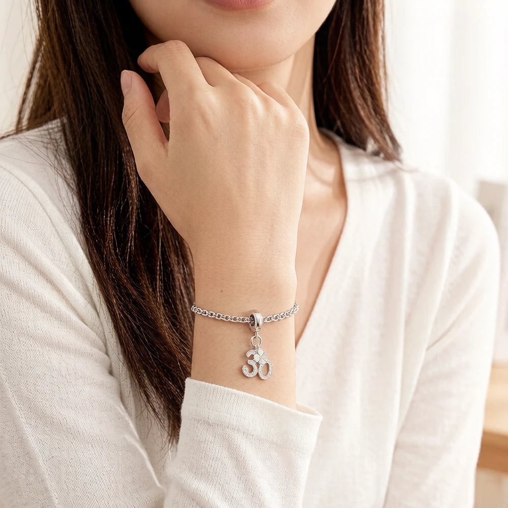Glückszahl 30 baumelnde Charm-Anhänger für Damen und Herren, 925er Sterlingsilber, trendiger Schmuck – Detail 2