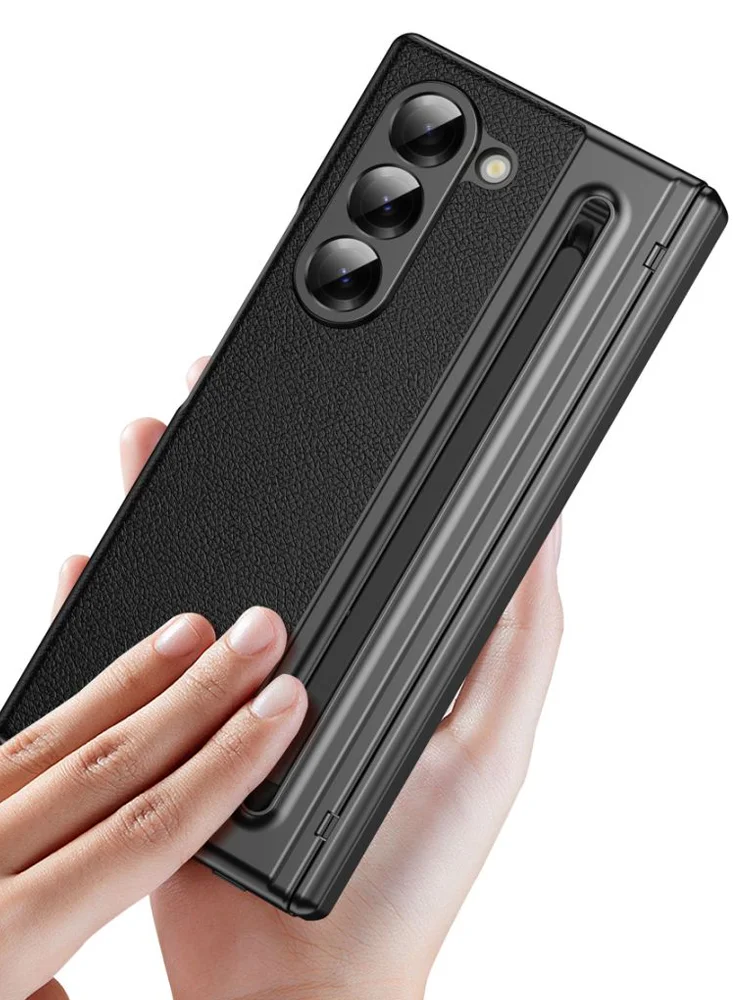 S Pen Handyhülle für Galaxy Z Fold7, Scharnierschutz und integrierter Displayschutz, Leder-Handyhülle für Fold6, Fold 5/4/3, Schwarz – Detail 7