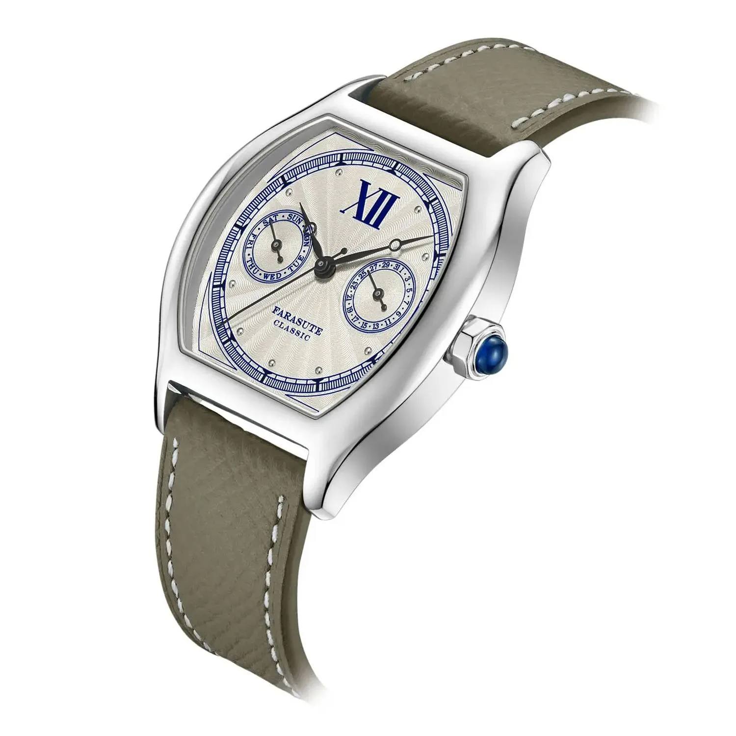 ساعة FARASUTE للرجال 36 ملم حافظة تونيو كوارتز ساعة يد ياقوت مينا VH64 تقويم مزدوج تاريخ الأسبوع