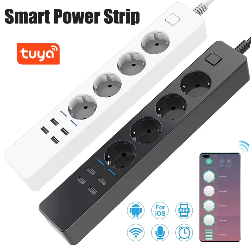 Smart Power Strip Tuya Wifi 4 EU Outlets Plug 4 USB Charging Port Timing App Voice Control Work with Alexa Google Home Assistant