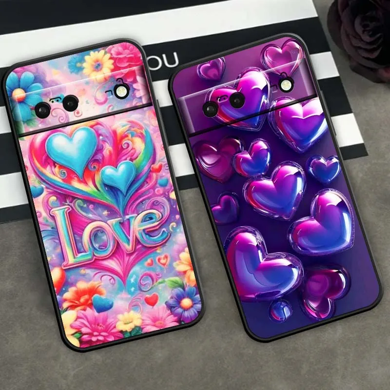 الترتر اللون الفن الحب القلب قضية الهاتف لجوجل بكسل 9a 9 8A 8 7 7A 6 6A برو XL 2024 5G أسود لينة غطاء سيليكون بولي يوريثان #6