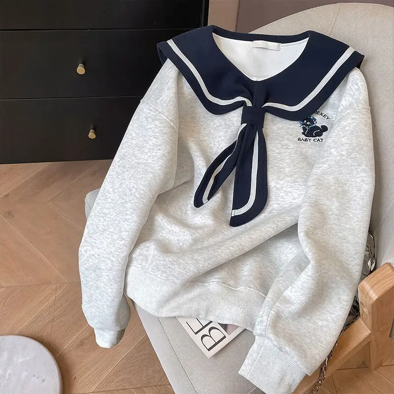 

Свободный свитшот в корейском стиле с мультяшным принтом и воротником-стойкой, тонкий, повседневный, для женщин, весна-осень