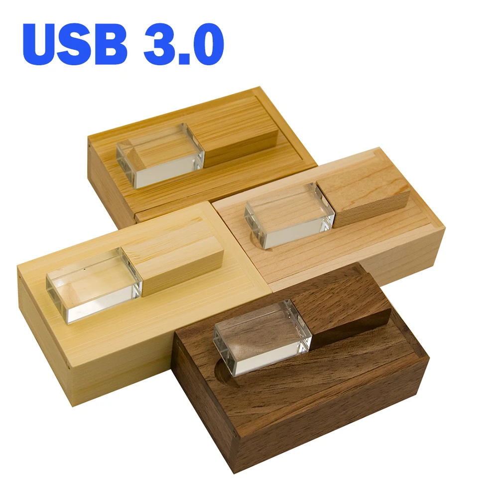 10 PCS LOT USB 3.0 Flash Drive Crystal Wooden Box Memoy Stick Maple Free Custom Logo Pen Drive Creative Wedding Gift 64GB