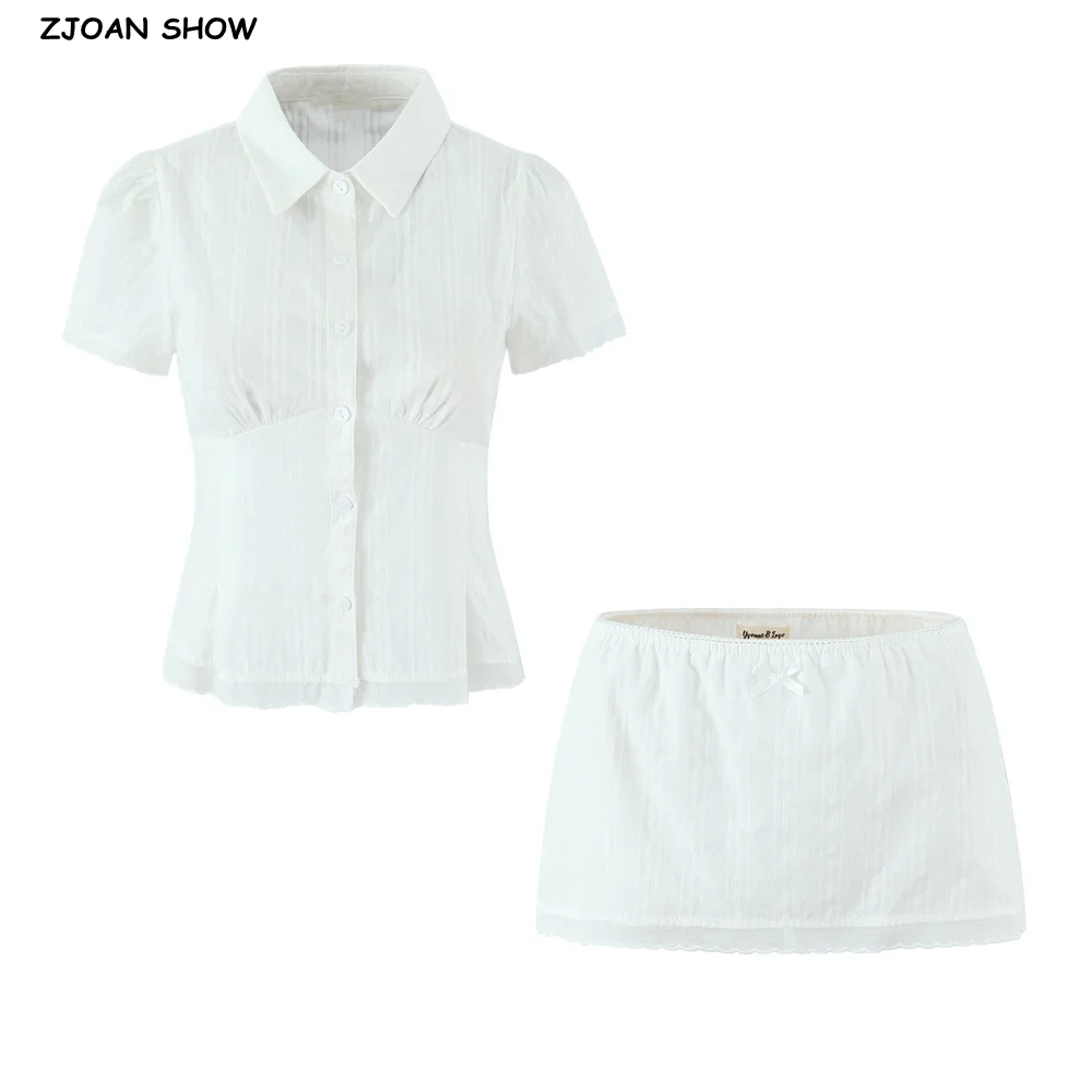 2025 White Lapel Spliced Lace Short Puff Sleeve Shirt Tank Top + Women Bow Elastic Low Waist A-lined Mini Skirt 2 Pieces 1 Set