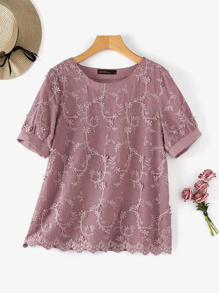 Summer Elegant Short Sleeve Patchwork Shirt ZANZEA Women Floral Blouse Casual O Neck Loose Holiday Blusas Fashion Work Tops 2024