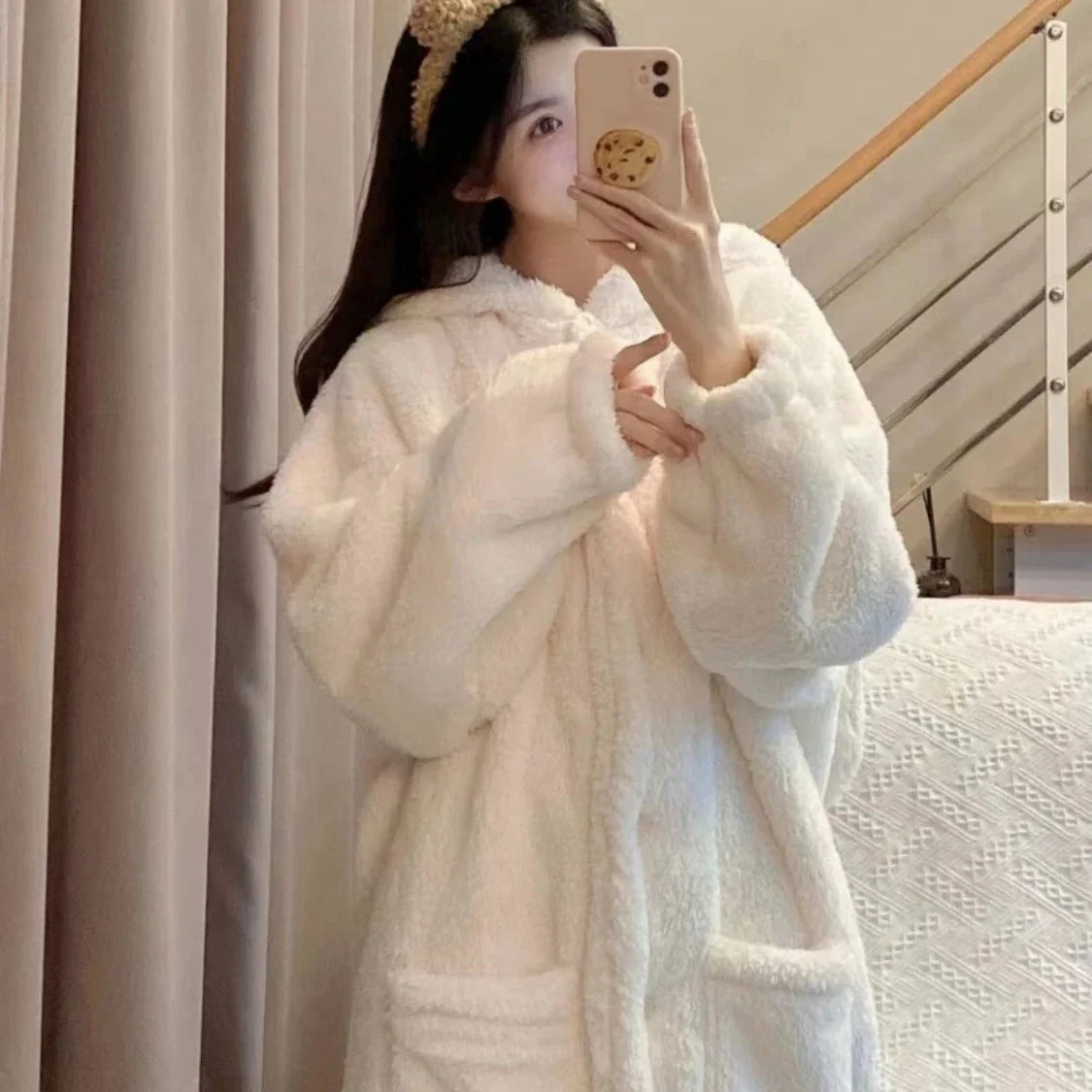 Nightgown Bathrobe Hooded Fall/Winter Cardigan Women\'s Clothing Buttons Loose Large Size Comfortable Casual Home Warm Cute