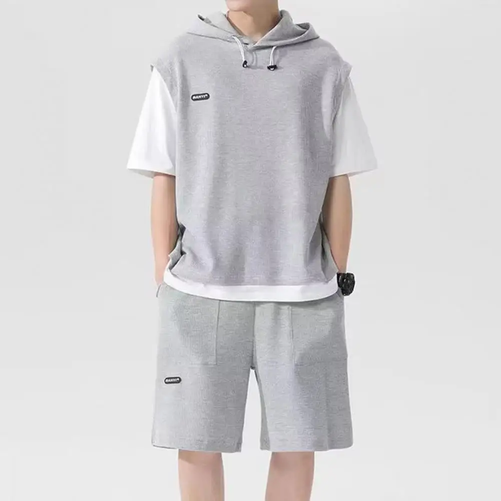 Fake Two-piece Sports Suit Two-piece Loose Fit Outfit Men's Casual Sport Outfit Set with Hooded Drawstring Top for Active