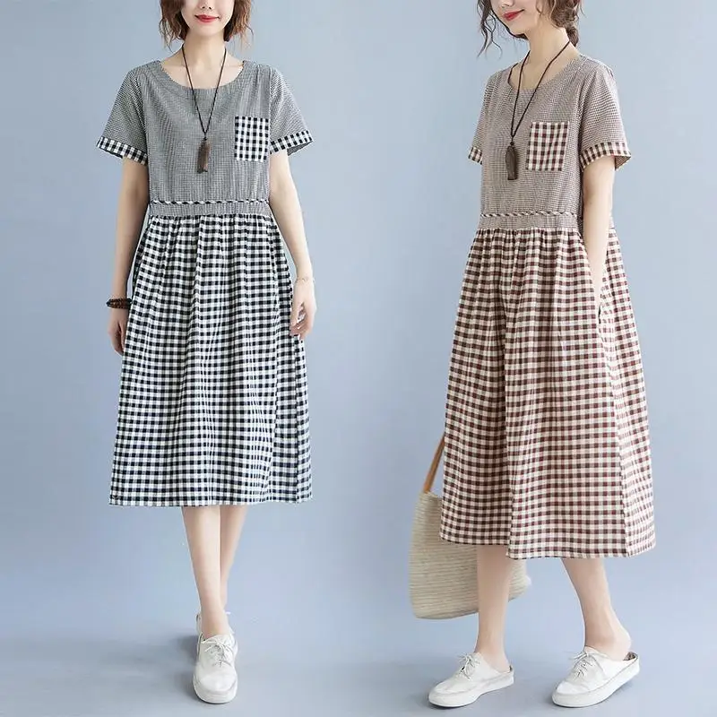 2023 Vintage Mori Girl Style Plaid Patchwork Midi Dress Summer Short Sleeve Casual A-Line O-Neck Fashion Pockets Folds Dresses