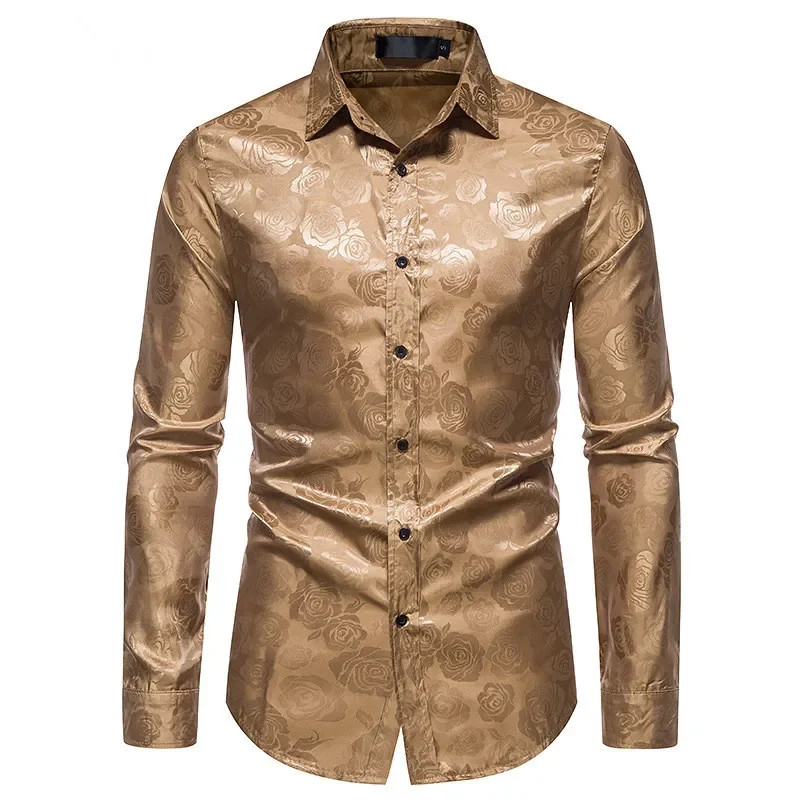 

Men's Luxury Jacquard Long Sleeve Floral Dress Shirt Shiny Satin Slik Like Wedding Party Prom Shirts