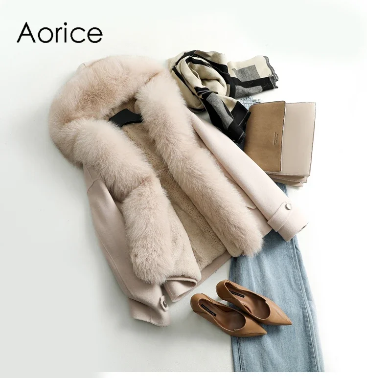 Women Fall Winter New Wool Fox Collar Jacket With Rabbit Fur Inside Parka Coat ZY126