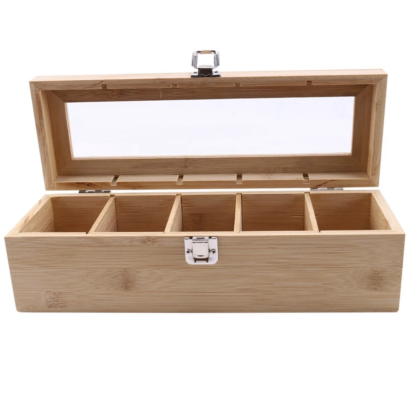 

2X Bamboo System Tea Bag Jewelry Organizer Storage Box 5 Compartments Tea Box Organizer Wood Sugar Packet Container