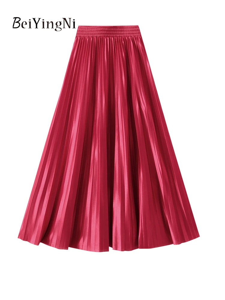 Beiyingni Spódnica damska z wysoką talią Casual Vintage Solidne długie plisowane spódnice Maxi Lady 20 kolorów Moda Prosta Saia Mujer Faldas